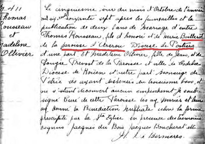 Image of Church Register Entry : Original of Thomas Rousseau MARRIAGE to MADELEINE OLLIVIER
